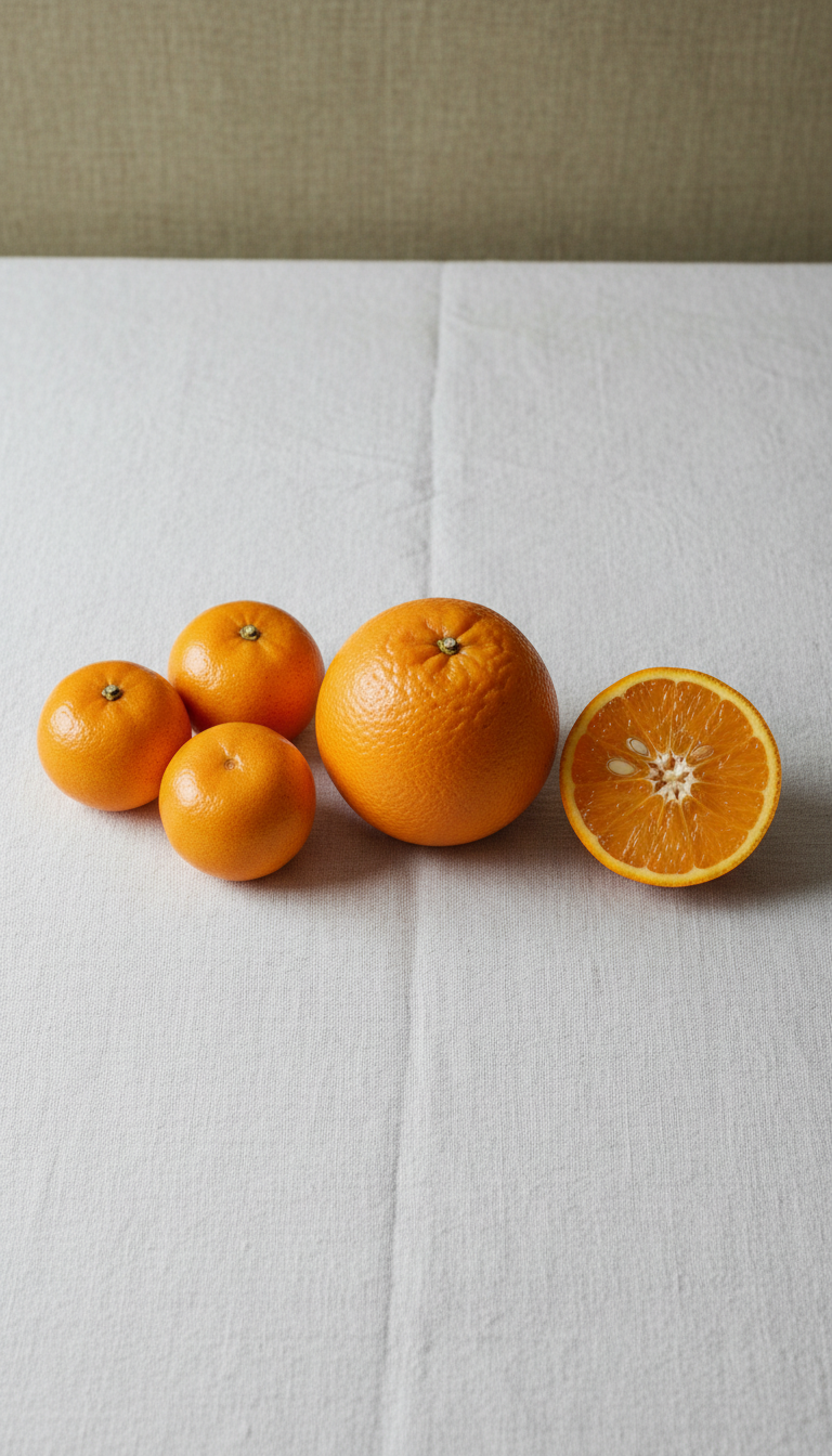 Amber citrus oranges on linen cloth